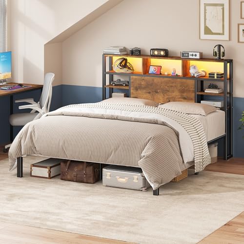 Queen Bed Frame with Storage Headboard and Charging Station, Brown, view 7
