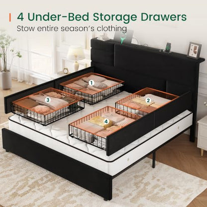 King Size Storage Bed Frame Velvet Upholstered Platform Bed, Black, view 6