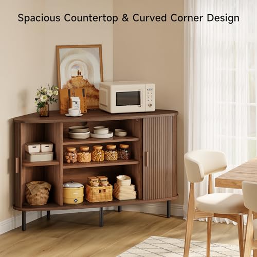 47" Corner TV Stand, Corner Cabinet with Sliding Door, Walnut, view 4