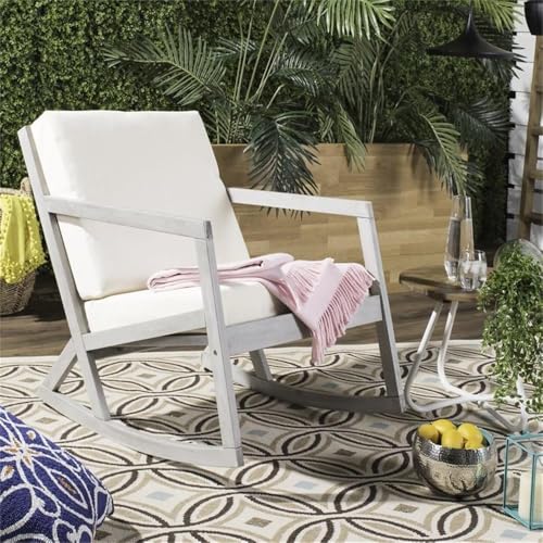 SAFAVIEH Outdoor - Vernon Rocking Chair - Grey & Beige - Solid Wood with Cushion - Shaker-Inspired Slatted Design - Ideal for Patio, Deck, Porch, Backyard, 24.6" Seat Height (PAT7013E)
