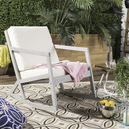 SAFAVIEH Outdoor - Vernon Rocking Chair - Grey & Beige - Solid Wood with Cushion - Shaker-Inspired Slatted Design - Ideal for Patio, Deck, Porch, Backyard, 24.6" Seat Height (PAT7013E)