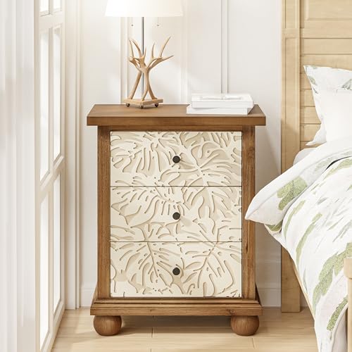 Farmhouse 3-Drawer Nightstand with Leaves Pattern Carved, Set of 2 Vintage French Country End Table for Bedroom, Living Room, Distressed Finish, White & Brown