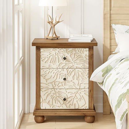 Farmhouse 3-Drawer Nightstand with Leaves Pattern Carved, Set of 2 Vintage French Country End Table for Bedroom, Living Room, Distressed Finish, White & Brown