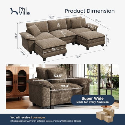 Cloud Modular Couch Sets, 123.6" Oversized Sectional Sofa with U-Shaped Chaise, 5-Seater Couches with 2 Movable Ottomans for Living Room, Chenille Grayish Brown