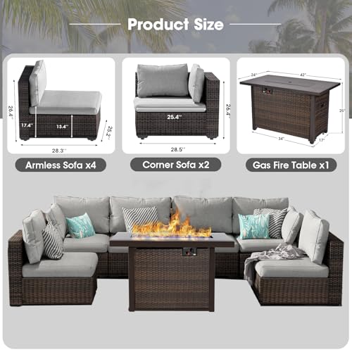 Patio Furniture Set,7 Piece Patio Furniture Set with Fire Pit Table,PE Wicker Rattan Sectional Sofa Patio Conversation Set with Thickened Cushions, Grey