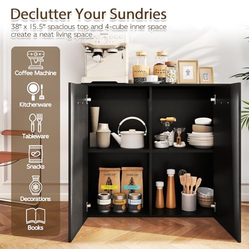 38-Inches Storage Cabinet, Sideboard with 2 Doors and 4 Cubic Shelves, Anti-Tipping Device, Sturdy Metal Hings, Credenza, Bathroom Cabinet for Living Room, Kitchen, Entryway, Black