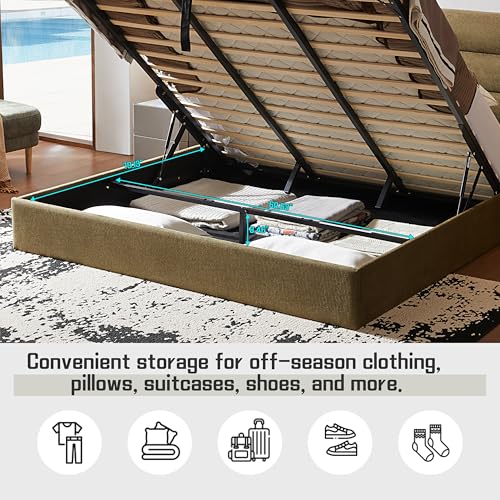 King Size Lift Up Storage Bed, Linen Upholstered Platform Bed, Green, view 7