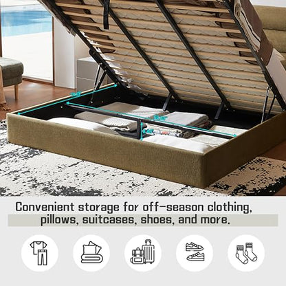 King Size Lift Up Storage Bed, Linen Upholstered Platform Bed, Green, view 7
