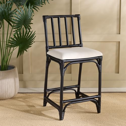 SAFAVIEH Furniture - Amal 23.6" Seat Height Counter Stool - White & Black - Handwoven Rattan Design - Fully Assembled - Ideal for Kitchen, Dining Room & Kitchen Island (BST6510C)