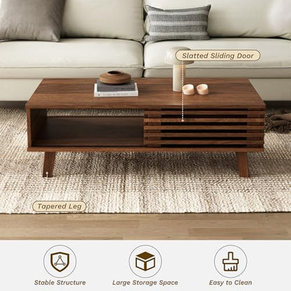 Mid Century Modern Coffee Table, Wood Coffee Table with Storage, Farmhouse Table for Living Room, Apartment, Walnut