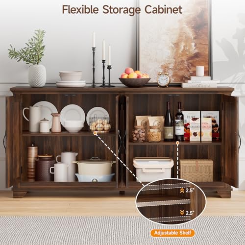 63 Inch Buffet Cabinet with Storage, 4 Carved Doors, Brown, view 4