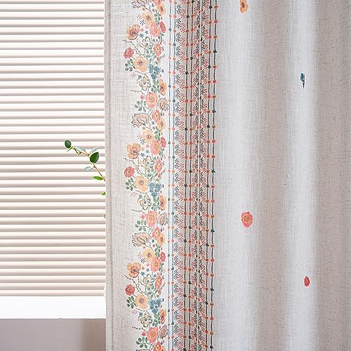 Boho Floral Curtains for Living Room 2 Panels Linen Semi Sheer Flower Curtains & Drapes 84 Inches Length Farmhouse Room Decor Style Back Tab for Dining Room, Yellow, 50" x 84"