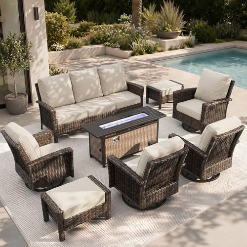 8-Piece Patio Furniture Set with Outdoor Swivel Chairs & Fire Pit Table, High Back Wicker Conversation Sets with 5.5" Thick Cushions, All-Weather Deep Seating Sofa with Ottomans, Beige