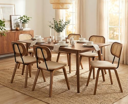 Mid-Century Dining Chairs Set of 6, PU Leather Kitchen Chairs with Rattan Backrest Wooden Legs Armless Design for Dining Room Living Room, Beige