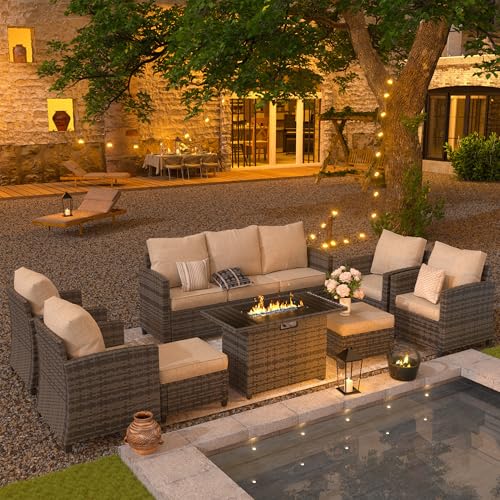Patio Furniture Set with 44" Fire Pit Table, 6 Pieces Outdoor Sectional Conversation Sets, All-Weather Wicker Rattan Sofa Ottoman with 4" Thick Cushion for Garden Backyard Deck, Khaki