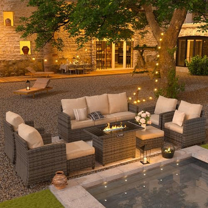 Patio Furniture Set with 44" Fire Pit Table, 6 Pieces Outdoor Sectional Conversation Sets, All-Weather Wicker Rattan Sofa Ottoman with 4" Thick Cushion for Garden Backyard Deck, Khaki