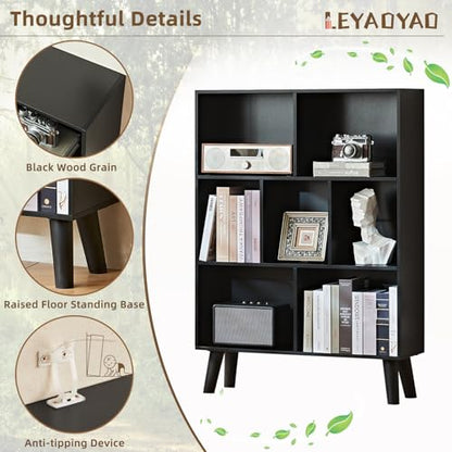 Cube Bookshelf, Mid-Century Modern Book Shelf with Legs, Black, view 7