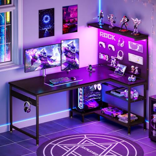 55" L Shaped Gaming Desk with Pegboard Hutch, LED Lights, Black, view 2
