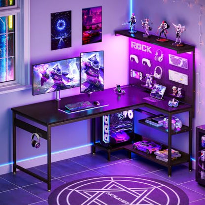 55" L Shaped Gaming Desk with Pegboard Hutch, LED Lights, Black, view 2