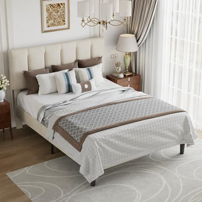 Full Size Bed Frame with Upholstered Headboard, Pale Beige, view 5