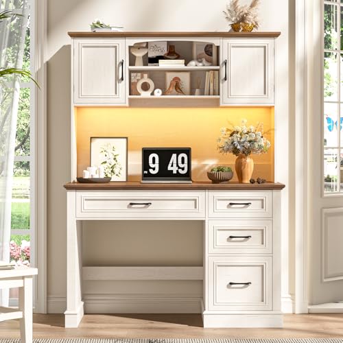 Farmhouse 67" H Executive Desk with Hutch,LED Light and Charging Station, Computer Desk with Storage Drawers & File Drawer, Workstation for Home Office & Study.Unique White