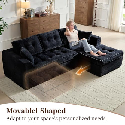 Cloud Couches for Living Room, Modern Modular Sectional Sofa with L-Shape Chaise, Boneless Couch with Deep Seat, Plush Corduroy, No Assembly Required (Black)