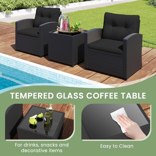 3 Pieces Patio Furniture Set, Wicker Conversation Set Outdoor Chairs with Cushions, Glass Coffee Table, Rattan Bistro Set for Front Porch Balcony Garden Deck Poolside (Black)