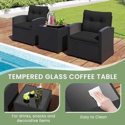 3 Pieces Patio Furniture Set, Wicker Conversation Set Outdoor Chairs with Cushions, Glass Coffee Table, Rattan Bistro Set for Front Porch Balcony Garden Deck Poolside (Black)