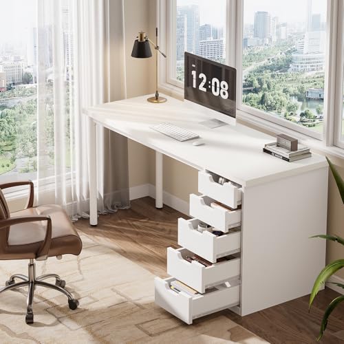 Tribesigns Modern Simple Computer Desk, 47 Inches PC Desk with 5 Reversible Drawers, Rustic Brown Study Writing Table Workstation for Home Office Small Spaces (All White)