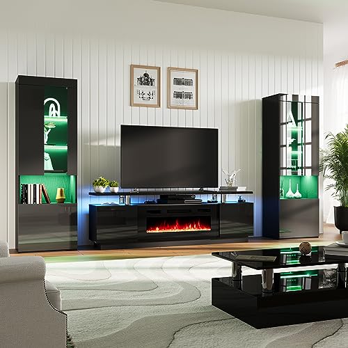 70" Fireplace Entertainment Center with Bookcases Set of 3, Black, view 2