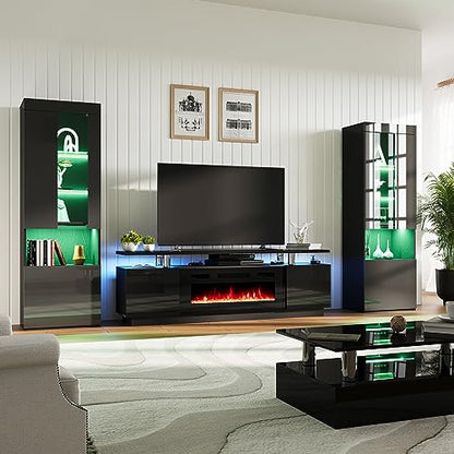 70" Fireplace Entertainment Center with Bookcases Set of 3, Black, view 2
