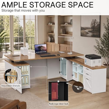 71" L Shaped Executive Desk with File Cabinet Drawers Outlet USB, view 7