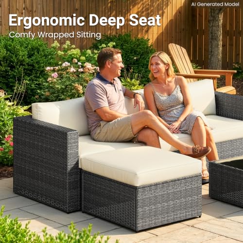 5 Piece Outdoor Patio Furniture Set, All Weather Wicker Rattan Sectional Sofa Conversation Set with Cushions & Glass Coffee Table, Ideal for Porch Garden Balcony Backyard, Beige