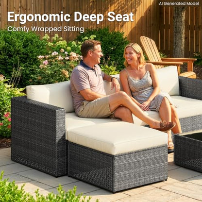 5 Piece Outdoor Patio Furniture Set, All Weather Wicker Rattan Sectional Sofa Conversation Set with Cushions & Glass Coffee Table, Ideal for Porch Garden Balcony Backyard, Beige