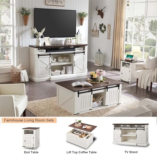 Farmhouse TV Stand for 80 Inch TVs, 37.4"Tall Entertainment Center w/Storage Cabinets and Sliding Barn Door, Media Console Cabinet w/Soundbar & Adjustable Shelves for Living Room, 70 inch (White)