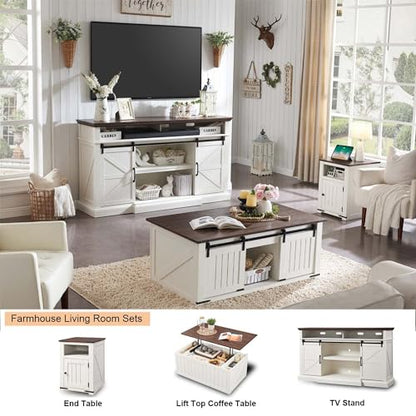 Farmhouse TV Stand for 80 Inch TVs, 37.4"Tall Entertainment Center w/Storage Cabinets and Sliding Barn Door, Media Console Cabinet w/Soundbar & Adjustable Shelves for Living Room, 70 inch (White)