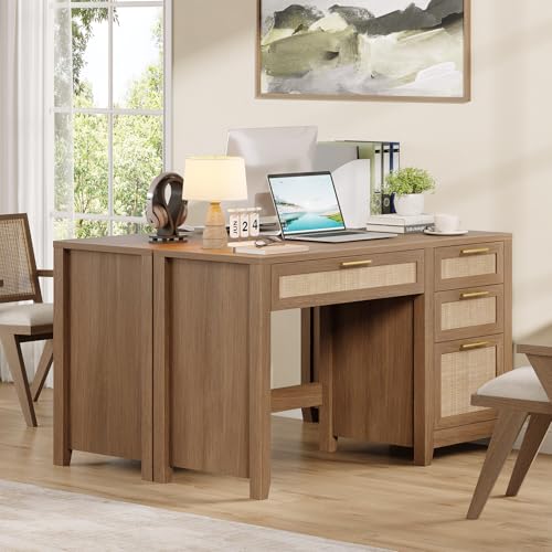 47" Farmhouse Rattan Executive Desk with File Drawer, Brown, view 8