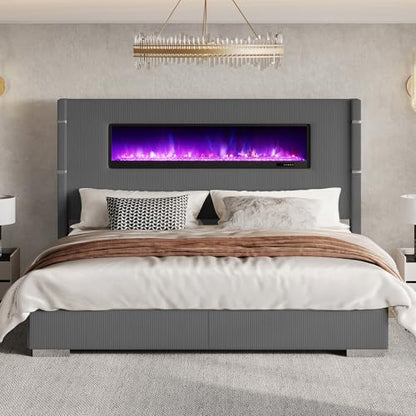Dark Gray King Bed Frame with Upholstered Headboard, view 2