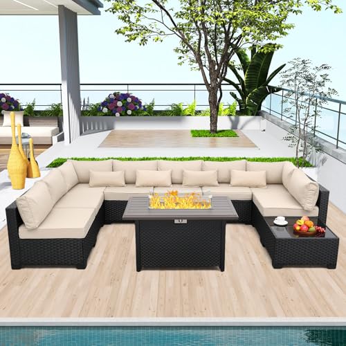 10 Pieces Outdoor Sectional All-Weather Wicker Patio Furniture Set Patio Sectional and Steel Fire Table and Glass Patio Table Non-Slip Cushions and Waterproof Covers, Khaki