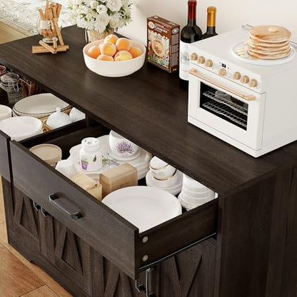 Buffet Cabinet with Storage, 47.2" Kitchen Sideboard Buffet with Drawers, Modern Farmhouse Coffee Bar Station with Shelves, Barn Doors Storage Cabinet for Living Room, Dark Brown