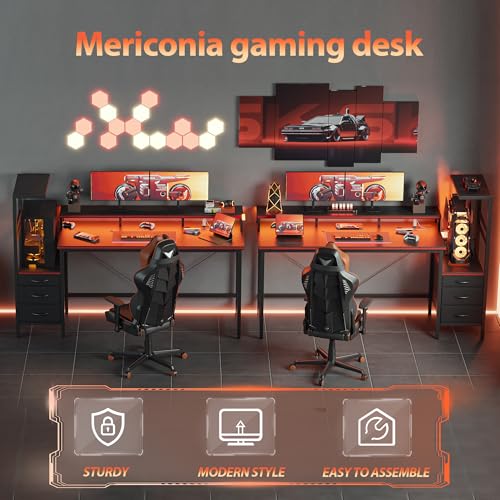 68 inch Gaming Desk with LED Lights & Power Outlets, Reversible Computer Desk with Storage Drawers & Monitor Stand, Large Gaming Table for Home Office