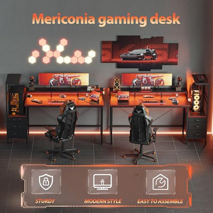 68 inch Gaming Desk with LED Lights & Power Outlets, Reversible Computer Desk with Storage Drawers & Monitor Stand, Large Gaming Table for Home Office