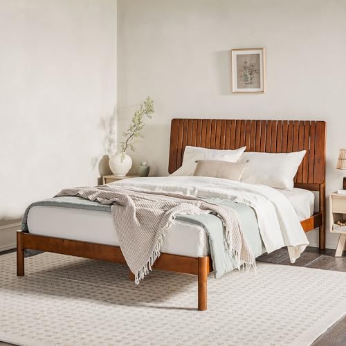 Queen Transitional Vertical Slatted Headboard Solid Wood Bed, Queen Size, Brown