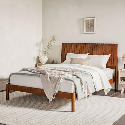 Queen Transitional Vertical Slatted Headboard Solid Wood Bed, Queen Size, Brown