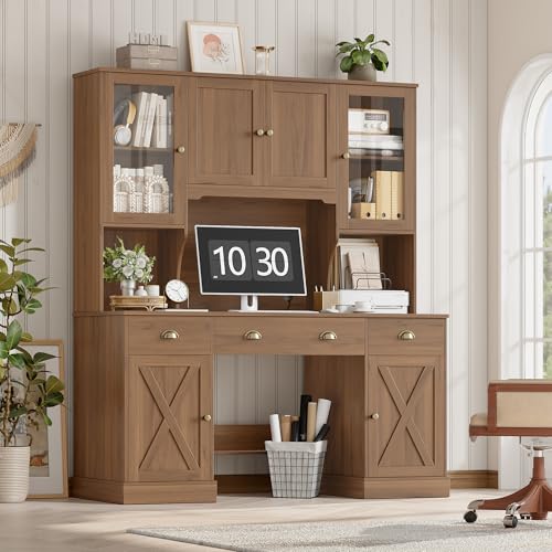 75" Executive Desk with Hutch and Drawers, Computer Desk with Glass Door and Storage Cabinet, 63" W Large Farmhouse Workstation for Home Office Study Writing Gaming Table, Brown