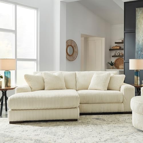 Signature Design by Ashley Lindyn Sectional, 2-Piece Couch with Chaise, Deep Seat L-Shape Sofa, Sag-Resistant Platform Foundation and Wide Cord Fabric Upholstery for Living Rooms, Ivory