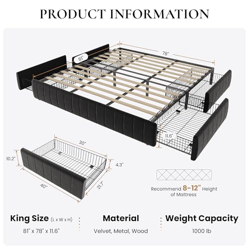 King Size Velvet Upholstered Platform Bed Frame with 4 Storage Drawers, view 3
