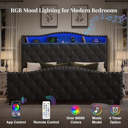 Queen Size Platform Bed Frame with 50.9" LED Headboard, Black, view 6