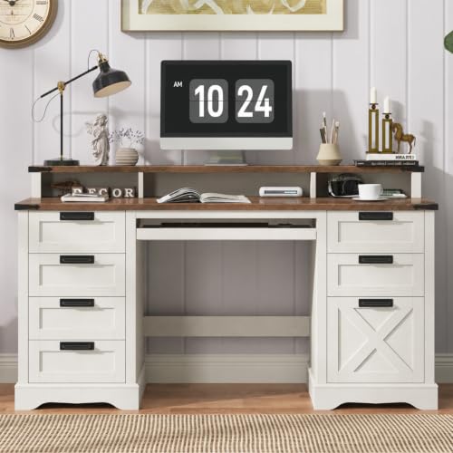 60" Farmhouse Executive Desk with 8 Drawers, White and Brown, view 4