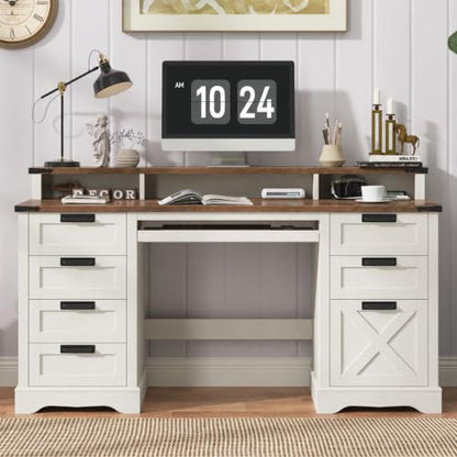 60" Farmhouse Executive Desk with 8 Drawers, White and Brown, view 4